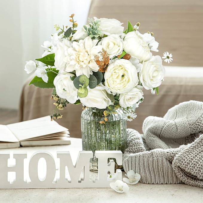 AmyHomie Ivory Artificial Flowers Combo Silk Mix Peony Rose Hydrangea Fake Flowers w/Stem for DIY Wedding Bouquets Centerpieces Arrangements Table Fall Decor Party Bridal Baby Shower Home Decorations