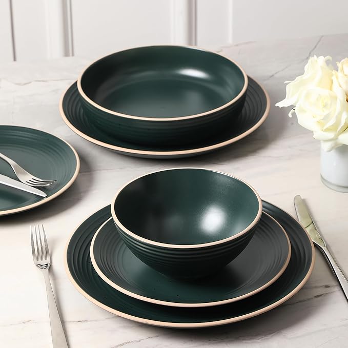 Stone Lain Lauren Modern Stoneware 16-piece Round Dinnerware Set, Plates and Bowls Set, Dish set for 4, Dark Green