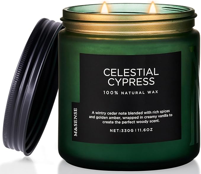 M&SENSE Celestial Cypress - Cedarwood Spice Scent Natural Soy Wax Highly Scented Candle, 11.6oz 2 Wick 70 Hours Long Lasting Candle Woody Scent Gifts for Dad