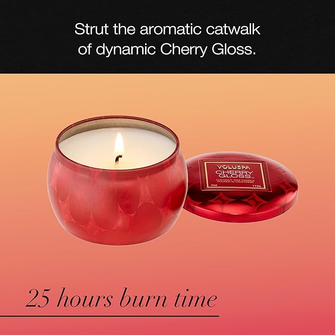 Voluspa Cherry Gloss Mini Tin Candle, 4 oz, Coconut Wax Blend, Scented Candles for Home, 25 Hour Burn Time, Fruity Candle, Handcrafted in The USA
