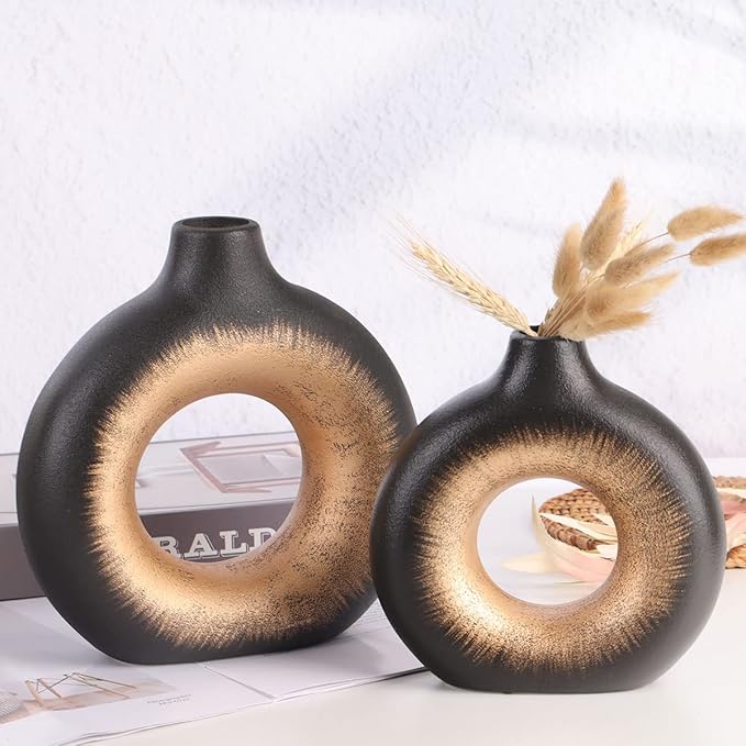 Black Gold Ceramic Vase Set of 2 - Perfect for Home Decor, Living Room, Circle Hollow Donut Vase, Boho Style, Minimalist and Modern Decor - Matte Finish for Flowers, Pampas and More
