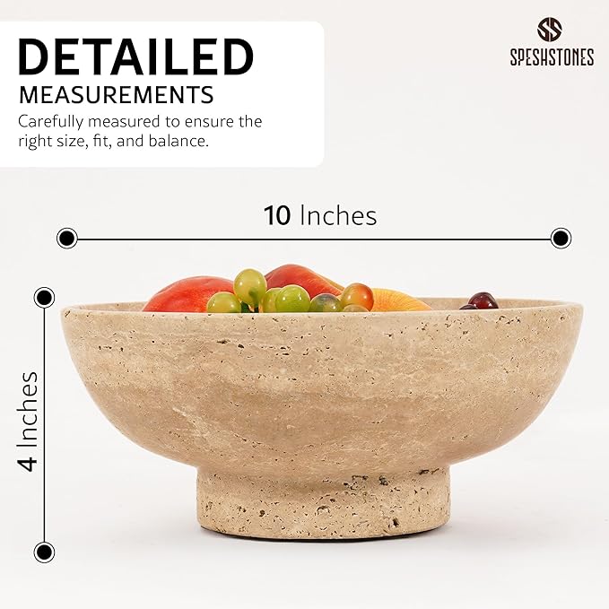 Marble Fruit Bowl 10 Inch Handmade Travertine Large Decorative Bowl for Home and Kitchen Counter - Modern Candy Bowl, Pedestal Bowls for Dining, Coffee Table Centerpiece & Entryway Decor