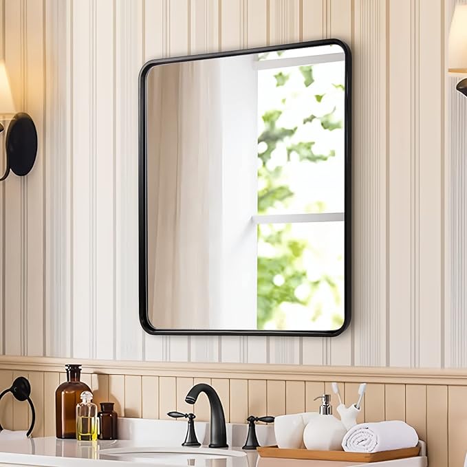 ANDY STAR 28x36 INCH Black Bathroom Mirror, Black Bathroom Vanity Mirrors for Wall, Rounded Rectangle Mirror for Bathroom, Tube Metal Frame, 1’’ Deep Wall Mounted Vertical/Horizontal