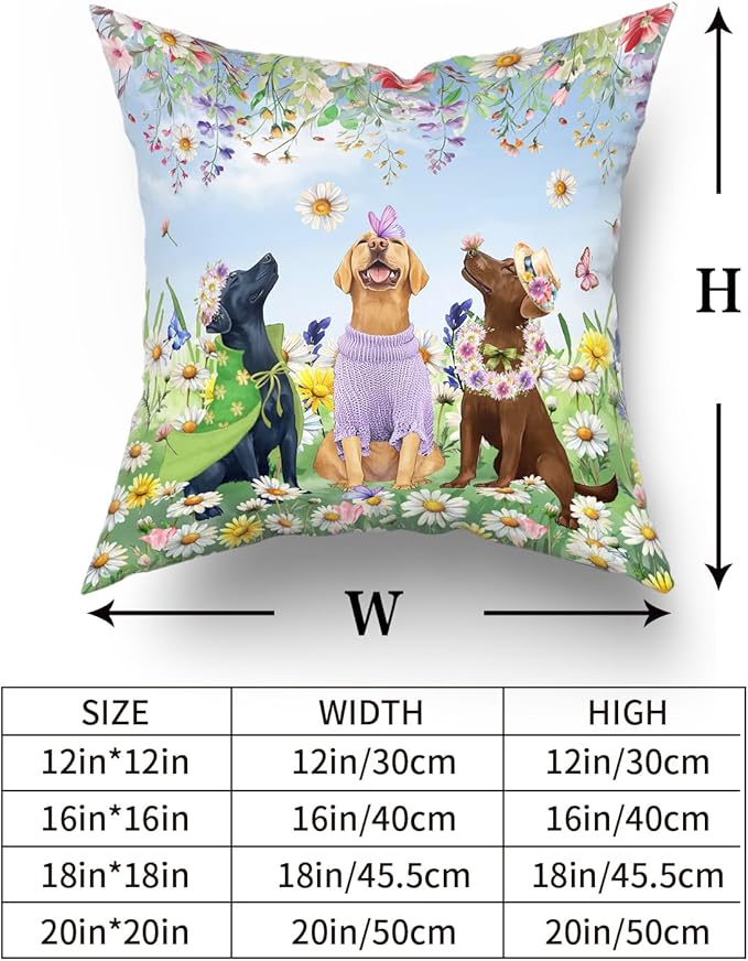 Giwawa 2PCs Spring Dogs Throw Pillow Covers, 20"x20" Colorful Wildflowers Funny Puppy Decorative Square Pillow Cases, Watercolor Floral Animal Cotton Cushion Covers Sofa Porch Bedding Decor