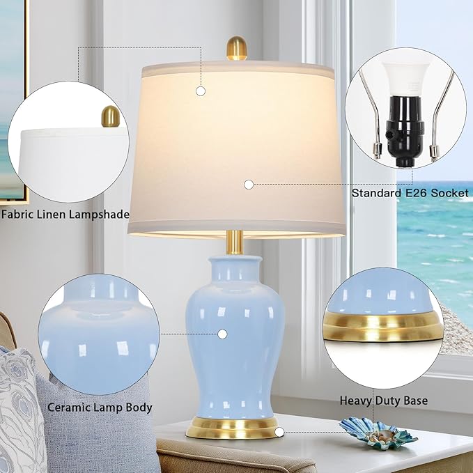 Blue Ceramic Table Lamps Set of 2, 23" Coastal Ceramic Lamps with Ginger Jar Design, Modern Bedside Lamp for Living Room End Table, Elegant Bedroom Lamp for Nightstand Desk Side Home Decor