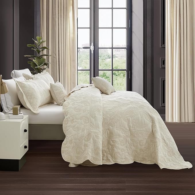 HZ & HY Oversized King Bedspread 128x120 Extra Wide, Quilted Coverlet Bedding Set, Lightweight Thin Comforter, Reversible, Luxurious, 5 Piece, 100% Microfiber, Ivory Yellow