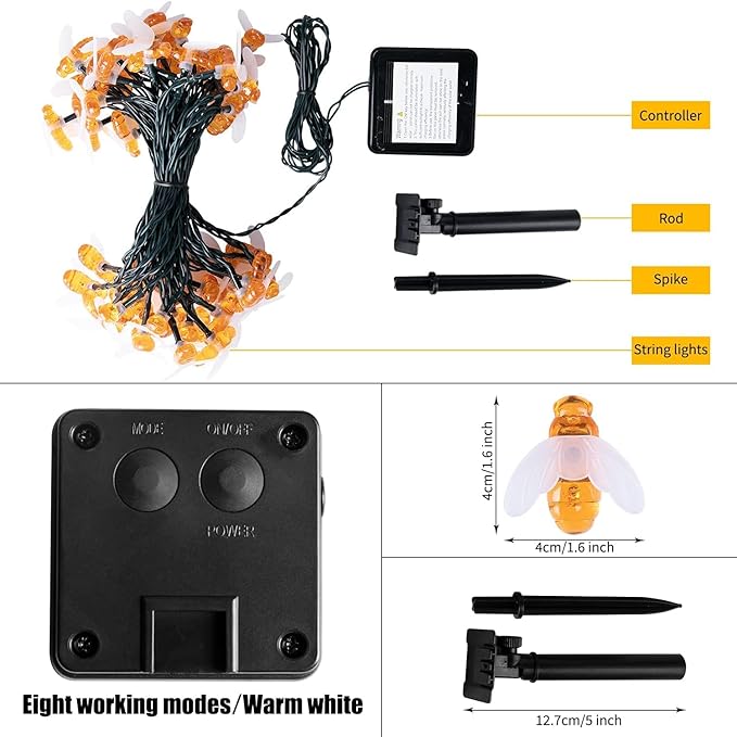 Solar Bee String Lights Outdoor 31FT 50 LED Honeybee Fairy Lights with 8 Lighting Modes, Waterproof Solar Bumble Bee for Patio Yard Garden Grass Wedding Christmas Party Decor, Warm White