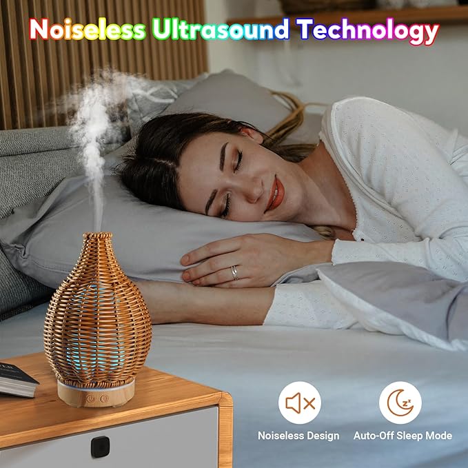 Boho Essential Oil Diffuser for Home Rattan Weaving with Remote Control, 100mL 7 Changing Color Lights Ultrasonic Aroma Humidifier, Noiseless Auto-Off Sleep Mode for Bedroom Office Workout