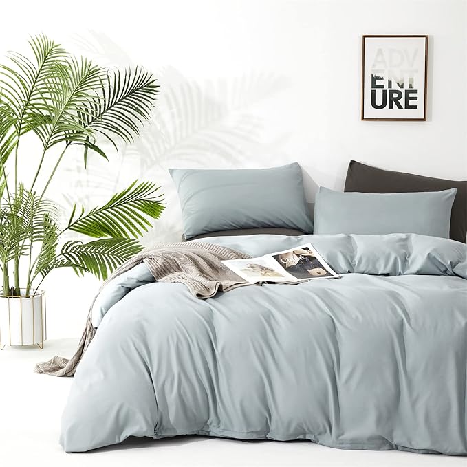 KAREVER Dusty Blue Comforter Set Queen Size 3 Pieces Solid Blue Queen Comforter Bedding Set Women Light Blue Queen Bed Comforter Set All Season Gift