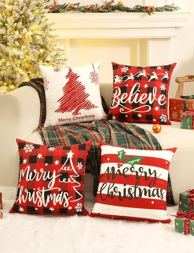 TOYPOPOR Christmas Decorations, Double Sided Throw Pillow Covers 16x16 Inches Set of 4, Christmas Tree, Snowflakes, Merry Christmas, Snowman Reindeer Cushion Case for Farmhouse Home Holiday Decor