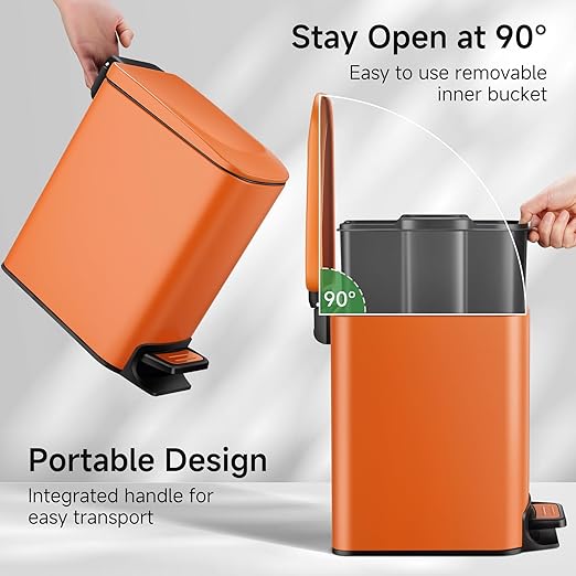 TIPGO Small Bathroom Trash Can with Lid Soft Close, 6 Liter / 1.6 Gallon Stainless Steel Garbage Can with Removable Inner Bucket, Step Pedal, Slim Trash Cans for Bedroom, Office, Kitchen (Orange)