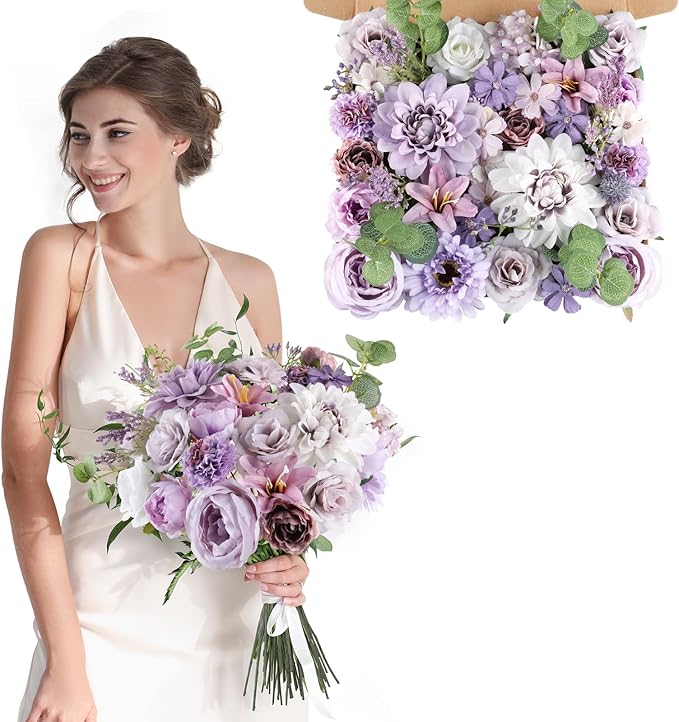 AmyHomie Lavender Artificial Flowers Combo Silk Mix Peony Rose Fake Flowers w/Stem for DIY Wedding Bouquets Centerpieces Arrangements Table Fall Decor Party Bridal Baby Shower Home Decorations