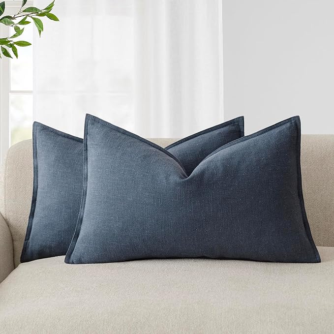 Foindtower Pack of 2, Decorative Linen Soild Throw Pillow Covers Soft Accent Lumbar Cushion Case Boho Farmhouse Pillowcase for Couch Sofa Bedroom Living Room Home Decor 12 x 20 Inch Navy Blue