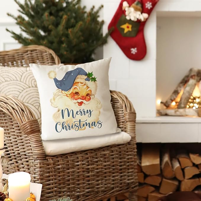 DOTAIN Christmas Pillow Covers,Blue Merry Christmas Pillow Covers 18x18,Vintage Santa Decor,Blue Christmas Decorations Decor,Vintage Christmas Santa Pillow Covers,Blue Vintage Christmas Decorations
