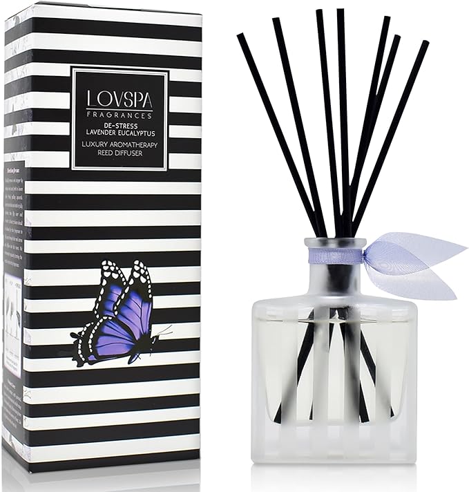 LOVSPA Reed Diffuser Set, DE-Stress Lavender Eucalyptus Scented Oil Diffuser with Sticks, Home Fragrance Accessories for Bathroom Shelf Decor, Aroma Diffusers for Home or Office Desk, USA Made