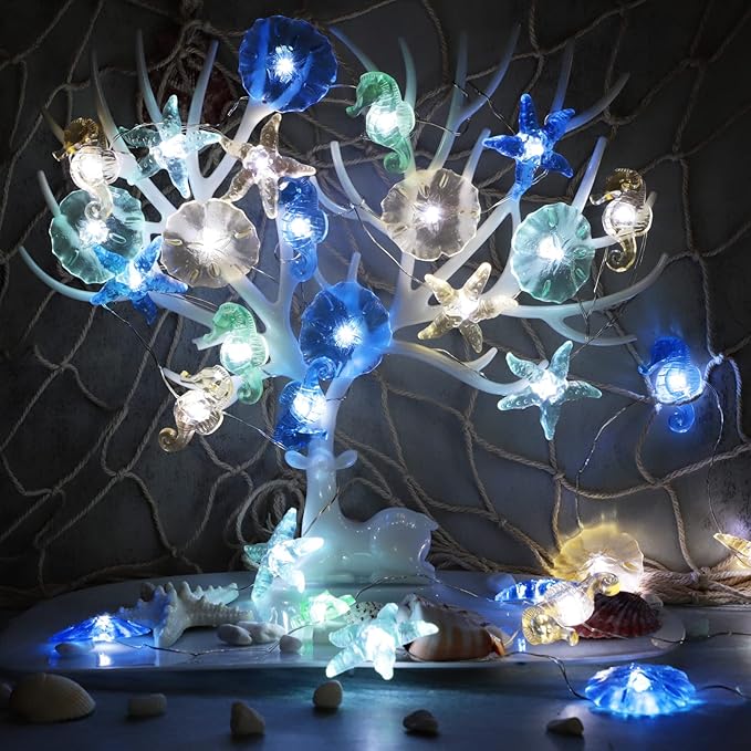 Impress Life Ocean Theme String Lights, Beach Decor Starfish Seahorse Sand Dollars Nautical Decorative Lights Battery & USB Plug In with Remote 10 ft 30 LEDs for Covered Outdoor Bedroom Birthday Party