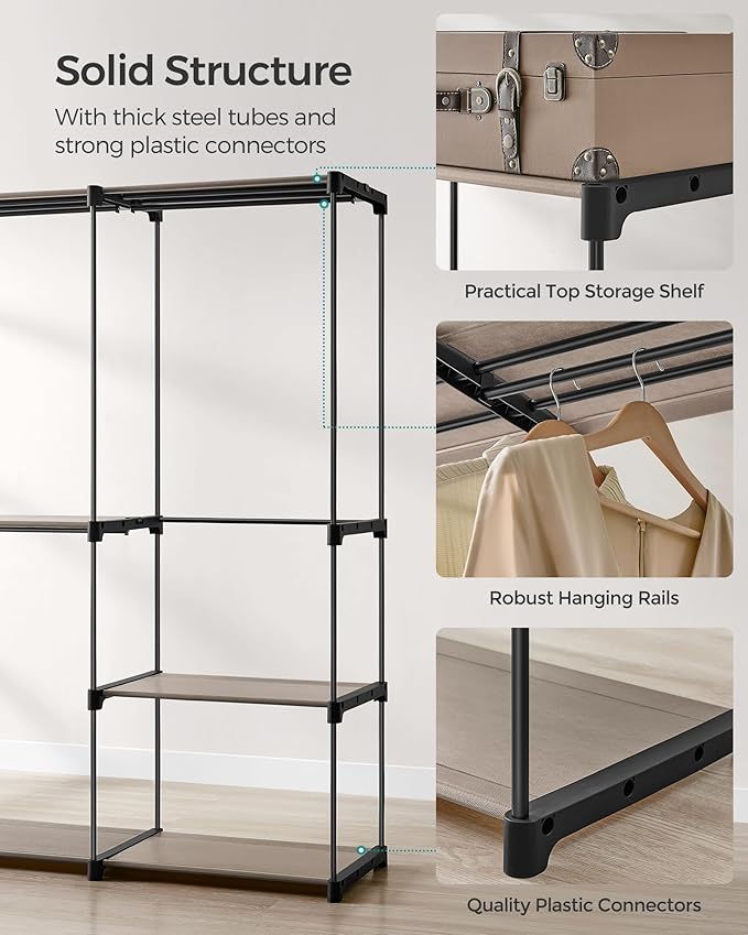 SONGMICS Portable Closet, Freestanding Closet Organizer, Clothes Rack with Shelves, Hanging Rods, Storage Organizer, for Cloakroom, Bedroom, 54.3 x 16.9 x 71.7 Inches, Taupe URYG025R02