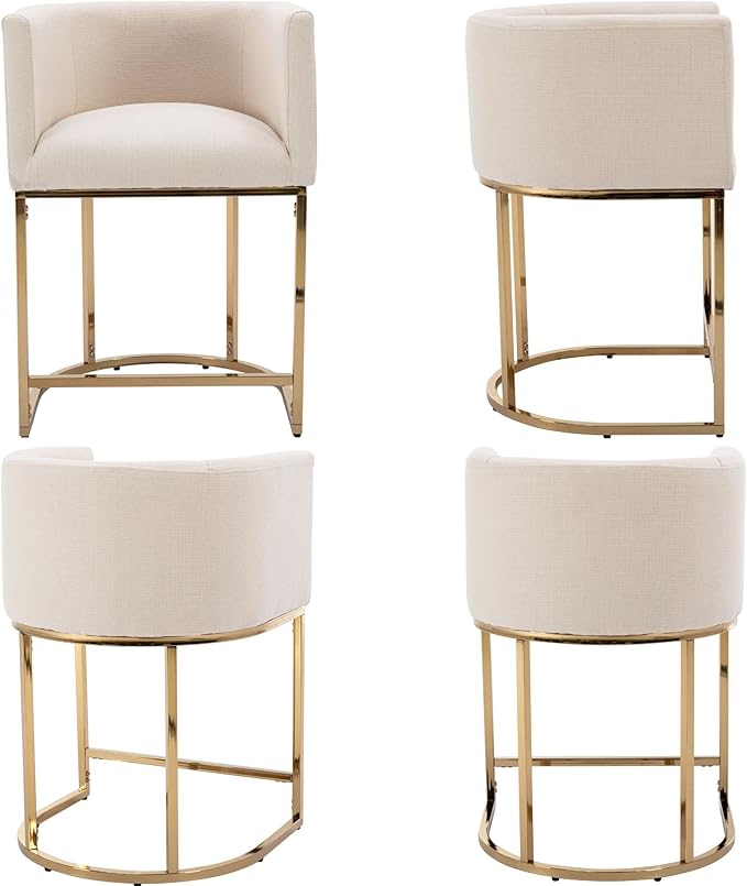 Modern Counter Height Linen Upholstered Bar Stools Set of 4, 24" Kitchen Counter Island Stools Bar Chairs with Gold Metal Frame for Kitchen Island, Cream