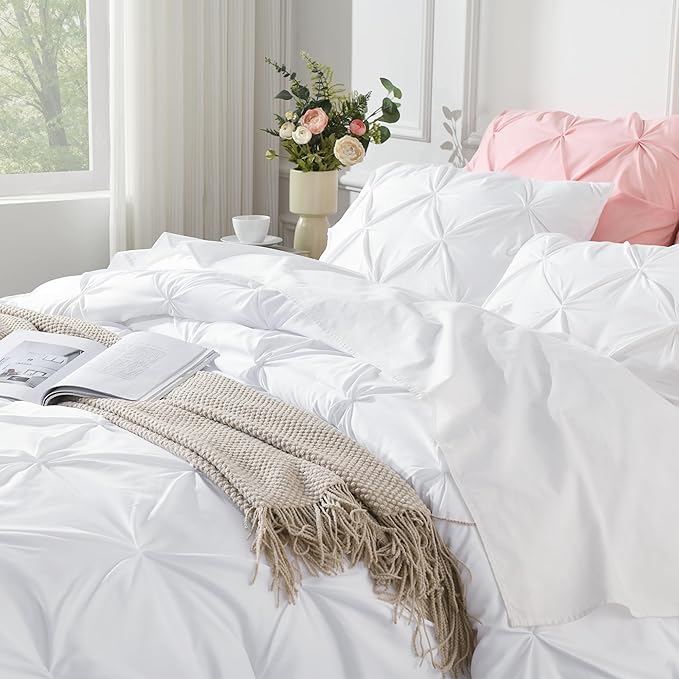 Andency White King Size Comforter Set(104x90Inch), 3 Pieces Cute Soft Pinch Pleat Bedding Comforters & Sets, All Season Lightweight Down Alternative Bed Set for Men Women