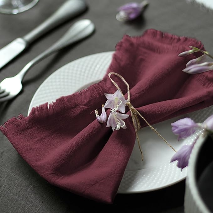 Handmade Cloth Napkins 100% Cotton Napkins with Fringe，Delicate Handmade Cloth Napkins for Dinners, Parties, Weddings and More，18 x 18 Inch Set of 12 - Burgundy