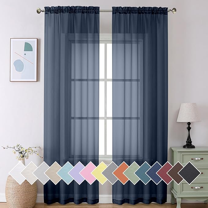 Aiyufeng Sheer Navy Blue Curtains 108 inch Length 2 Panels Set, Airy Soft-Touching Rod Pocket Voile Drapes for Living Room/Bedroom, Each 40W x 108L