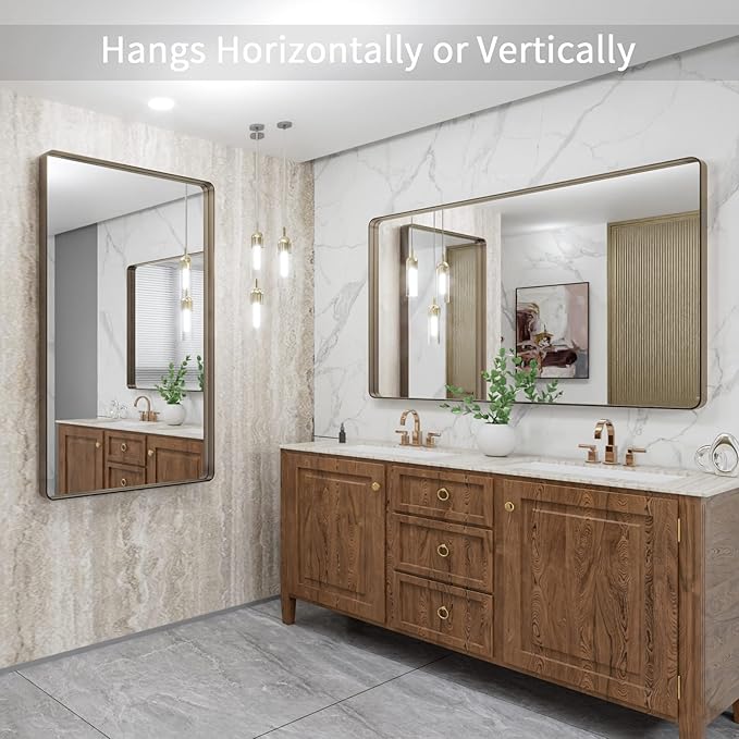 LOAAO 48”X30” Bronze Bathroom Mirrors for Vanity, Rounded Rectangle Brushed Bronze Metal Frame Mirror, Anti-Rust, Tempered Glass, Hangs Horizontally or Vertically