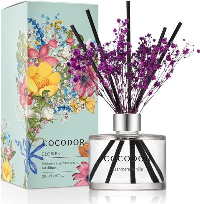 COCODOR Flower Reed Diffuser Set / 6.7oz / Cashmere Vanilla/Scent Diffuser with Sticks Home Fragrance Reed Diffuser for Bathroom Shelf Decor