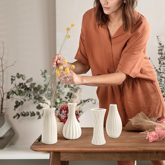 BEAHOT Ceramic Bud Vases Set of 16 - Matte White Mini Ceramic Bud Vases Collection: Non-Repeating Modern Boho Centerpiece - Small Unglazed Jars for for Weddings, Home, Shelf Decor