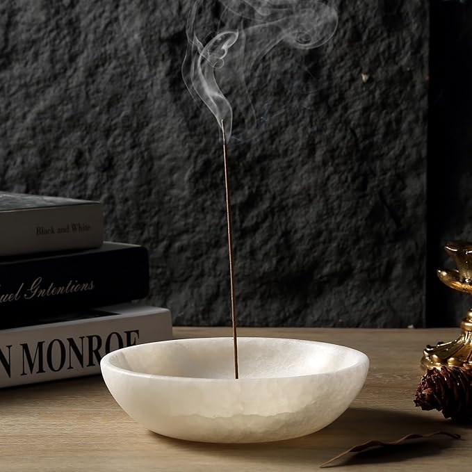 Koville Natural Marble Incense Holder, Incense Holder for Sticks with 9 Holes, Handmade Incense Burner Ash Catcher for Meditation Yoga SPA, Balsam Fir/Palo Santo/Sage/Cone (White)