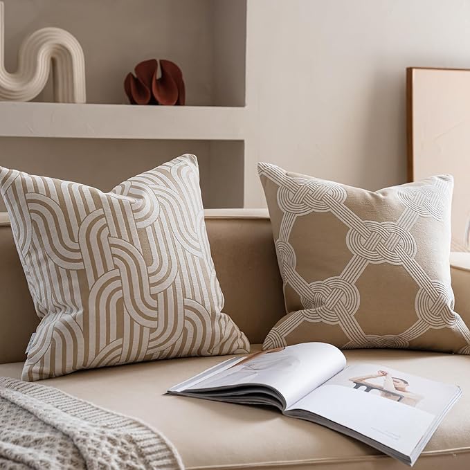 Premium Throw Pillow Covers 20x20 Inches - Oatmeal Gordian Knot Accent Chenille Jacquard Embroidery Decorative Couch Pillow Covers for Living Room Bedroom Sofa Home Décor