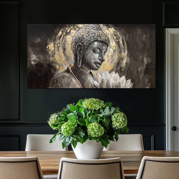 MLART99 Buddha Canvas Wall Decor White Lotus Painting Wall Art Gold and Grey Picture Prints Zen Art for Dining Room Modern Artwork 24x48 Inch