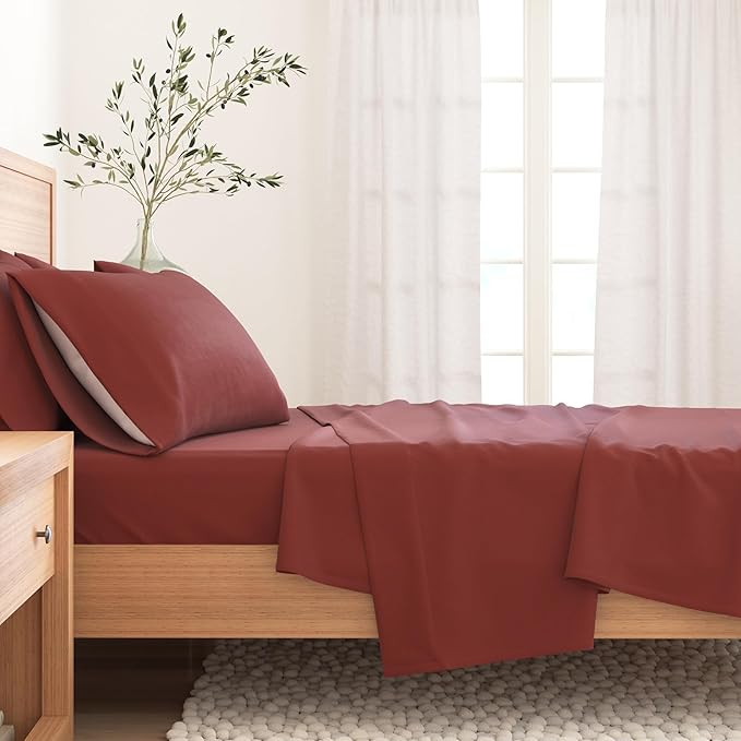 Great Bay Home Flannel Sheet Set Full Size - 100% Turkish Cotton, Double-Brushed, Winter Bed Sheets - Ultra-Soft, Cozy, 4-Piece Bedding Set (Cranberry)