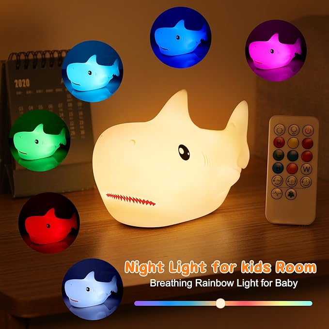 ZKLiLi Shark Night Light, Cute Silicon Night Light for Kids, Nightlight with Remote，Portable Recharge Nightlight for Kid Room,Funny Gifts Stuff for Boys Girls Baby
