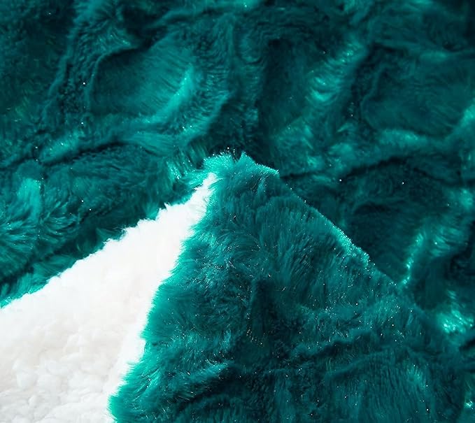 DaDa Bedding Lavish Emerald Green Blue Faux Fur Fuzzy Throw Blanket - Mermaid Scales Design White Sherpa Backside - Soft Warm Plush Bright Vibrant Jewel Tones Embossed for Bed/Couch - 63" x 90"