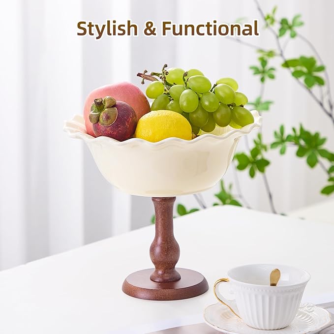 Vniltyc Ceramic Fruit Bowl for Kitchen Counter,Fruit Organizer Serving Bowls with Oak Wood Stand,Fruit Holder Big Bowl for Vegetable Storage,Home Decoration