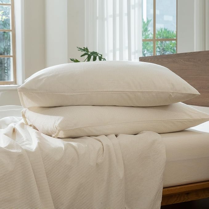 MooMee Striped Duvet Cover Set 100% Washed Cotton Linen Like Textured Breathable Durable Soft Comfy (Almond Milk Grey Pinstripes, Twin 68"x90")