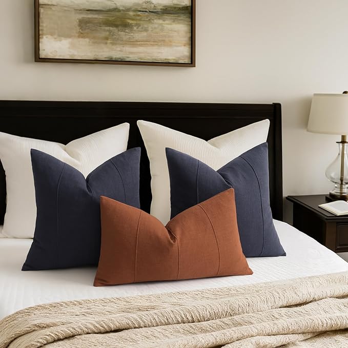 ZWJD Decorative Linen Throw Pillow Covers 24x24 Set of 2 Solid Handcrafted Striped Cushion Covers for Bed Soft Modern Farmhouse Neutral Pillowcase for Couch Bedroom Living Room Home Decor(Dark Navy)