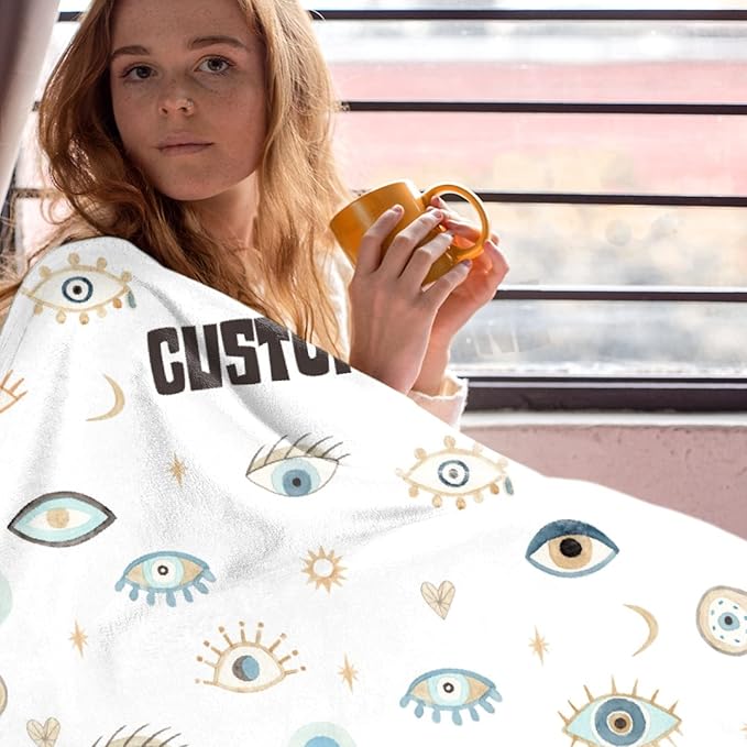 Custom Name Blanket with Evil Eye, Personalized Spiritual Blanket Evil Eye Decor for Car Couch Bedroom,Customized Magic Evil Eye Pattern Home Decor for Men Women,30"x40"-Toddlers/Pets Size