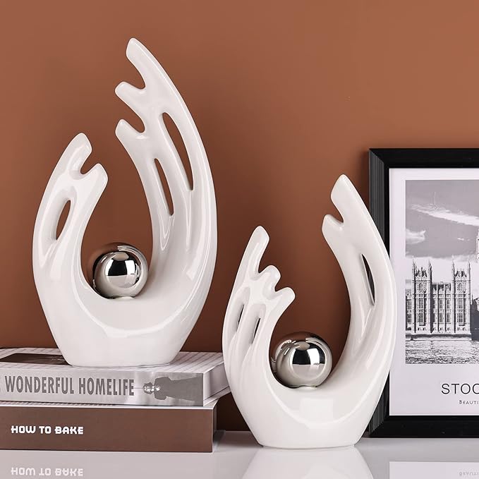 9.5" H White Silver Aesthetic Room Decor Accent, TV Stand Funky Table Centerpiece, Abstract Art Ceramic Statue and Sculpture, Silver Decor for Living Room, Bookshelf Decorative Objects, Shelf Decor