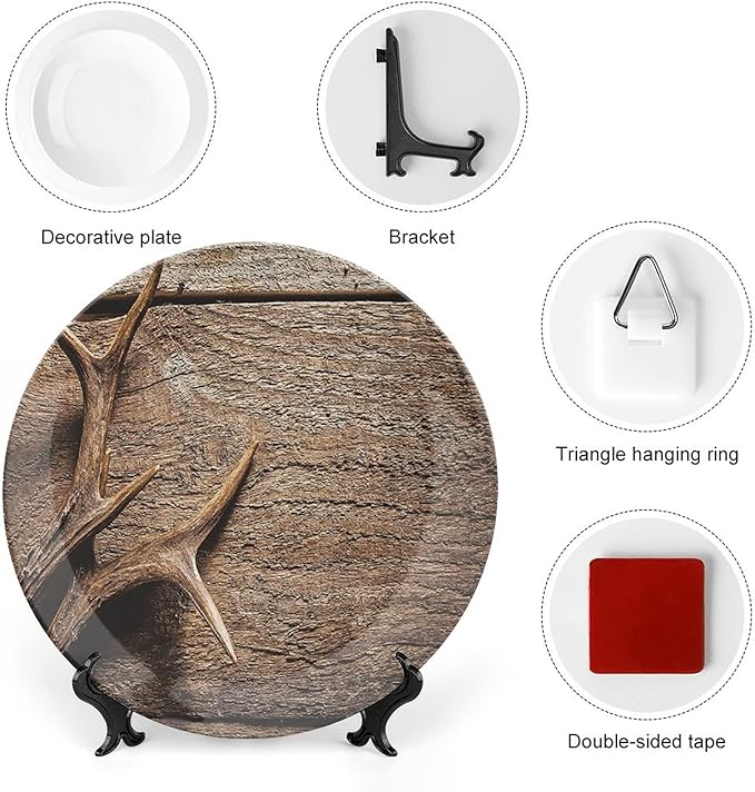 XISUNYA 10 Inch Decorative Plate, Antlers Tableware Plate, Deer Antlers On Wood Table Rustic Hunting Season Print Ornament Display Plate Decor Accessory for Dining, Parties, Wedding