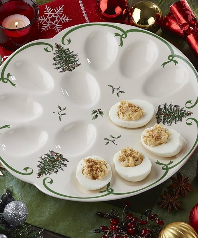 Spode Christmas Tree Deviled Egg Plate, 13 Inch Holiday Egg Serving Platter - Christmas Tree & Mistletoe Motif, Fine Porcelain Tableware, Dishwasher Safe Appetizer Tray, Festive Serveware