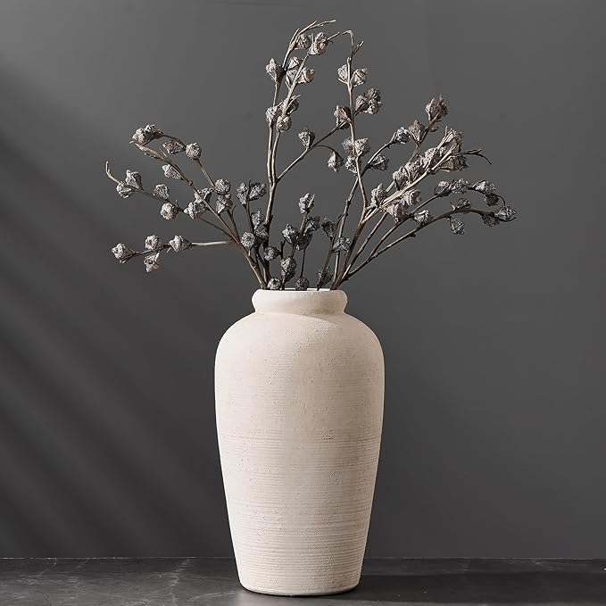 Large Ceramic Rustic Vase, 11 inch Minimalist Decorative Farmhouse Tall Vase for Home Decor, Living Room, Shelf Decor, Enterway, Wedding, Table Decoration, White
