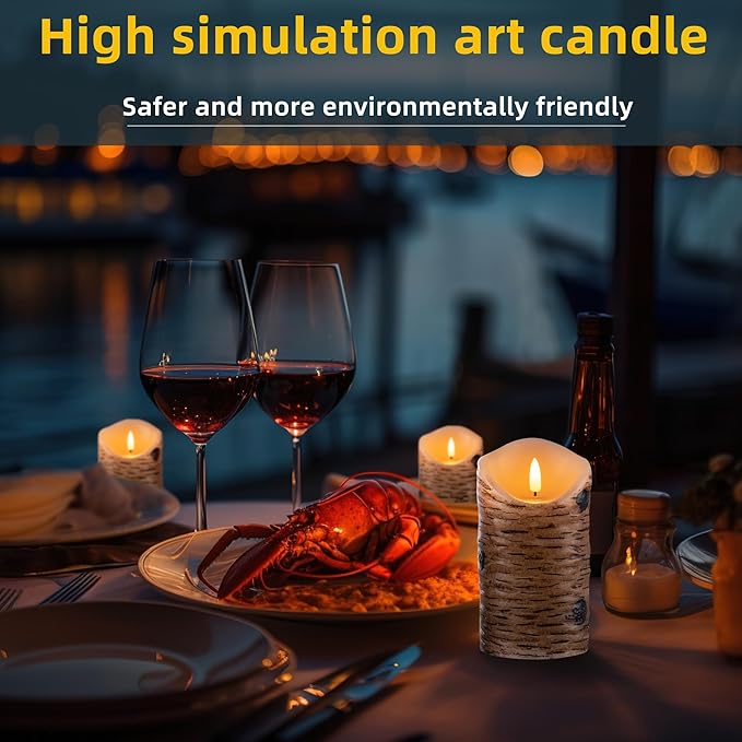 Birch Bark Effect Flameless Candles Battery Operated Pillar Real Wax Flickering Electric LED Candle Sets with Remote Control Cycling 24 Hours Timer, 4" 5" 6" Pack of 3