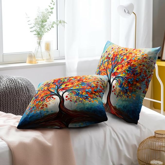 Colorful Tree Painting Pillow Cover - Watercolor Trees Throw Pillow Covers 16x16 Set of 2 Botanical Throw Pillow Covers Forest Pillowcase Spring Summer Decor for Indoor Outdoor
