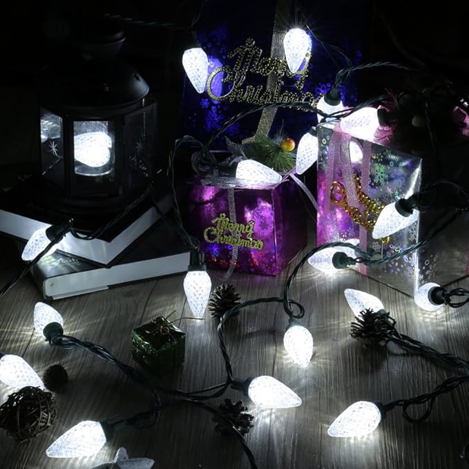 Brizled C9 Christmas Lights Cool White 16FT 25 LED 120V UL Certified Faceted Outdoor Christmas String Lights Connectable Xmas Tree Light for Tree, Holiday, House, Roof Decor