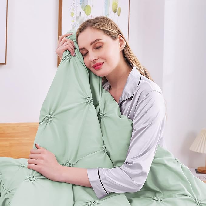 JOLLYVOGUE Green Full Size Comforter Sets 7 Pieces, Pintuck Bed in a Bag Comforter Set for Bedroom, Bedding Comforter Sets with Comforter, Sheets,Ruffled Shams & Pillowcases