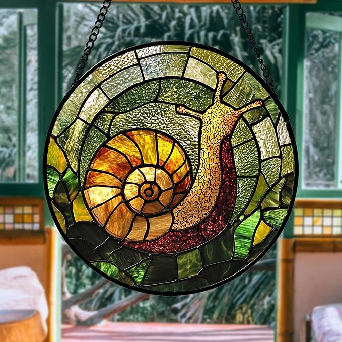 Stained Glass Window Hanging, Green Orange Snail Sun Catcher for Door Home Decor Suncatcher Christmas Mother's Day Birthday Gifts for Women Men Mom and Nana 11.8 in