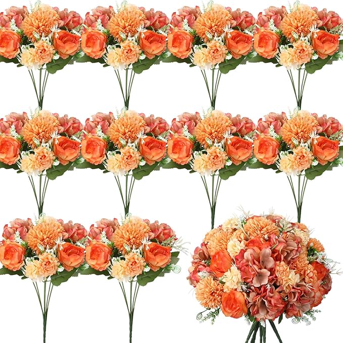 Tigeen Artificial Flowers Artificial Peonies Silk Flowers Faux Peony Fake Peony Silk Hydrangea Bouquet for Wedding Table Centerpiece Floral Vase Decor(Bright Orange,24 Bundles)