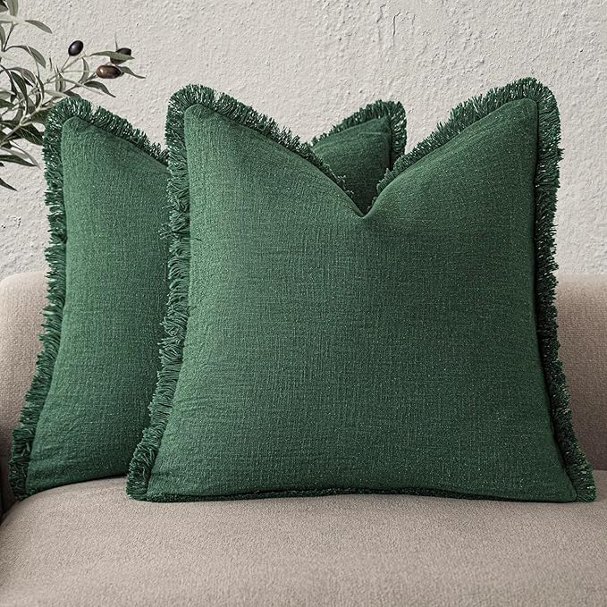Foindtower Set of 2 Decorative Linen Fringe Throw Pillow Covers Cozy Boho Farmhouse Cushion Cover with Tassels Soft Accent Pillowcase for Couch Sofa Bed Living Room Home Decor, 20×20 Inch, Pine Green