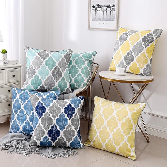 Beauoop Decorative Chenille Throw Pillow Covers with Moroccan Quatrefoil Geometric Double-Sided Print Square Soft Pillow Cases for Couch, Sofa, Living Room, Bedroom, 18"x18", Set of 2, Yellow Gray